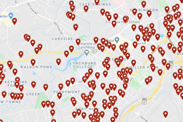 Map of Lynchburg with location markers