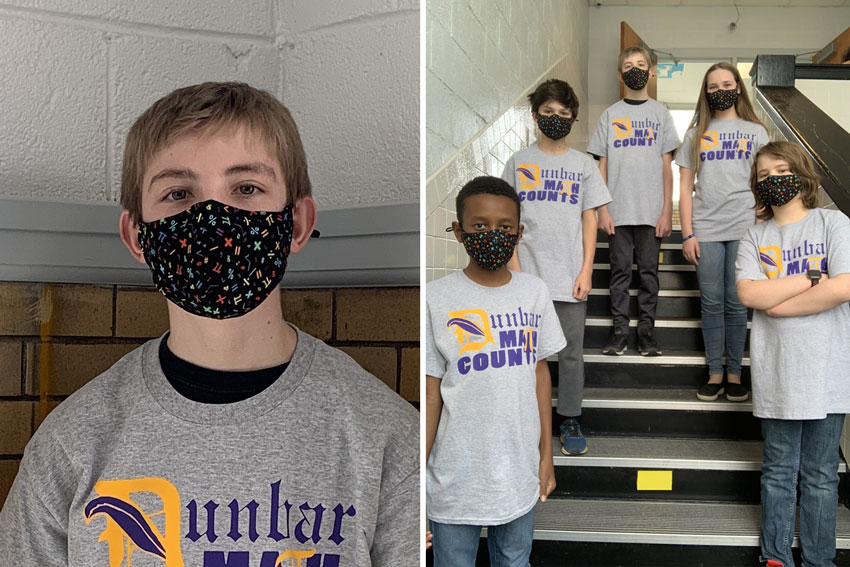 Dunbar 2021 MathCounts Team on stairs and close up of Alec Stickle