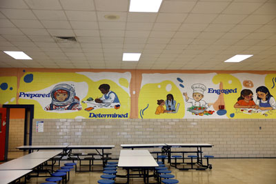 HES cafeteria with mural in progress